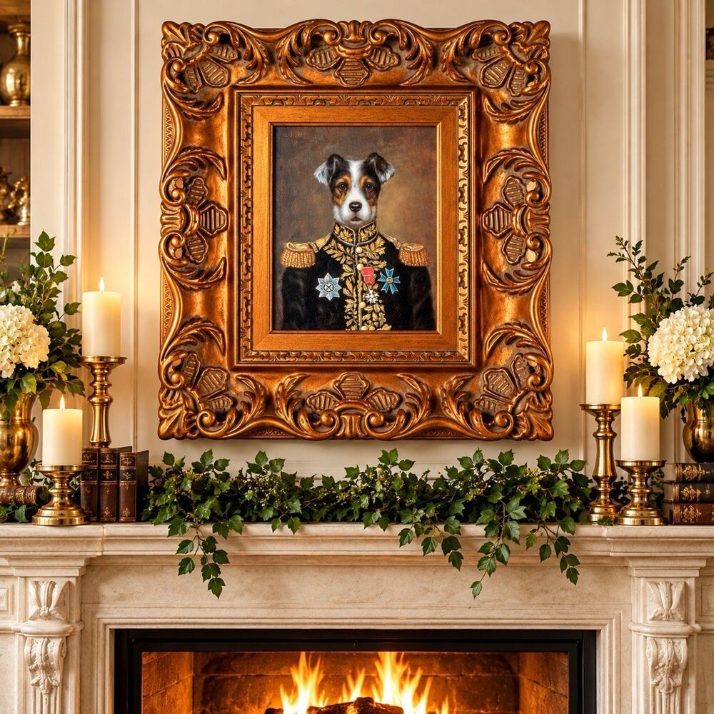 Jack Russell Terrier Dog Art Print Portrait Ornate Framed Military Officer 19”